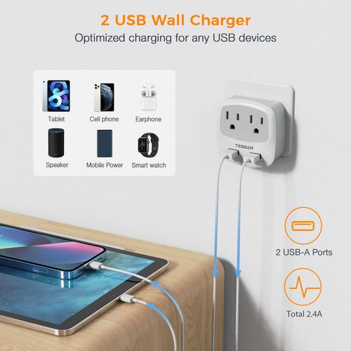 Adaptador De Enchufe De Viaje Tessan Italy Tipo L Con 2 Carg