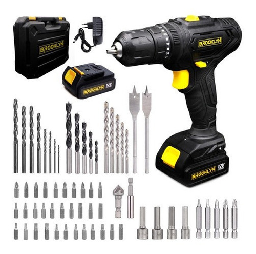 Taladro Percutor Inalambrico 12v Brooklyn + Bateria Y 62 Accesorios