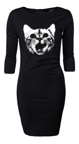 Vestido Manga 3/4 - Hellcat Gato Satanico Punk Goth Metal