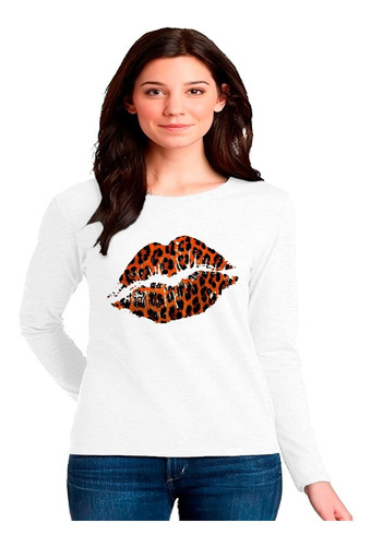 Polera Manga Larga 100%algodón Labios Animal Print Exclusivo