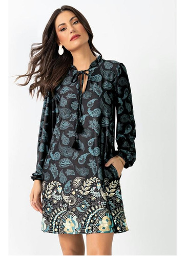 Vestido Soltinho Paisley Preto Com Tassel E Bolsos Feminino