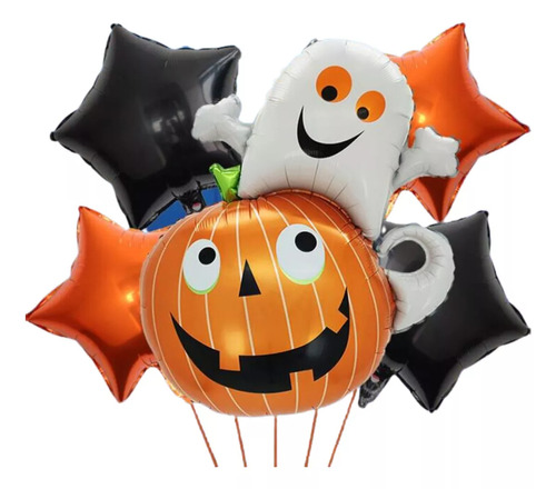 Pack De 6 Globos Motivo Halloween Metálicos Calabza Fantasma Gato Negro 