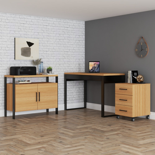 Conjunto Home Office 3 Peças 100% Mdf Pratice Freijó 