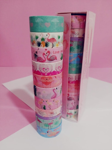 Kit Papelaria Flamingo Caderno Canetas Clips Washi Tape Etc
