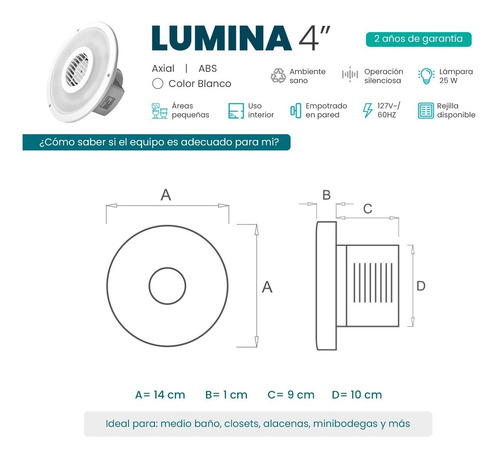 Imagen 4 de 5 de Extractor De Aire 4 Pulgadas Con Luz Lumina Masterfan Pared