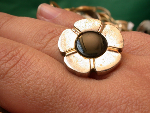 Luli Anillo Plata 925 Y Oro Flor Enorme Piedra Onix 