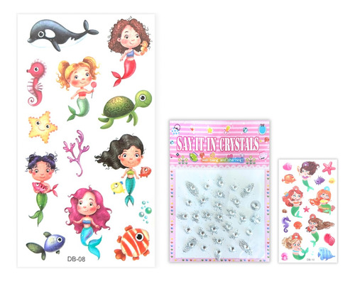 Pack Strass Face Stickers + Tatuaje Sirena Temporal Infantil