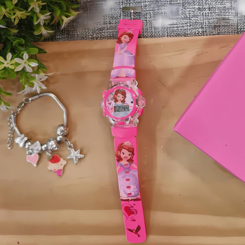 Kit Relógio Princesas + Óculos + Pulseira + Caixa Presente Correia Rosa Bisel Princesa Sofia Fundo Personagem