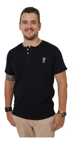 T-shirt Henley Masculina Preta