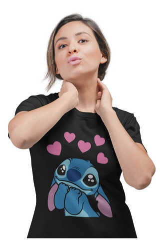 Polera Dama Stitch Amor Y Corazones De Algodón Estampada