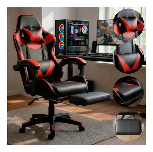 Cadeira Escritório Gamer Ergonômica Reclinável Vermelha Giratoria Com Apoio dos Pés Led Tools