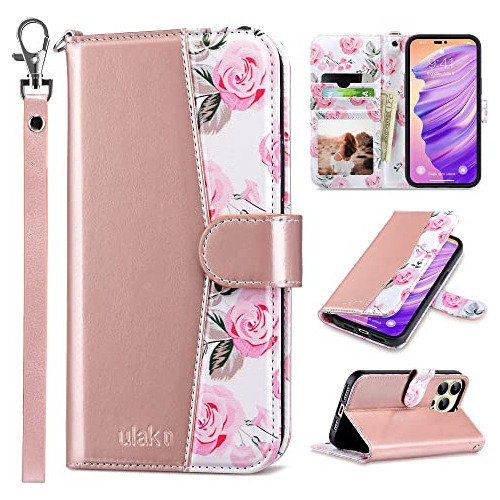 Funda Cartera Para iPhone 14 Pro Max Rosa Dorado Pu Le-021