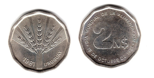 Uruguay Moneda 2 N$ Pesos Año 1981 Dia Mundial Alimentacion