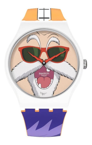 Reloj Swatch Maestro Roshi Kamesennin X Swatch Dragon Ball Z Color de la malla Naranja-Violeta Color del bisel Blanco Color del fondo Rosa