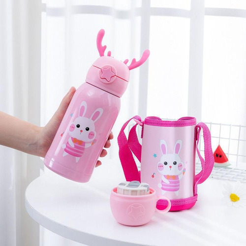 Termo De Agua Infantil Kawaii 500ml Con Funda Y Cuerda