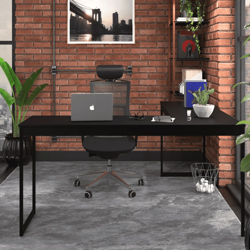 Escrivaninha Mesa Em L Industrial De Canto Vintage Ferro E Madeira Cor Preto, Para Escritório Ou Home Office, Amplo Espaço, Ideal Para Trabalho, Estudos, Computador Design Nordico