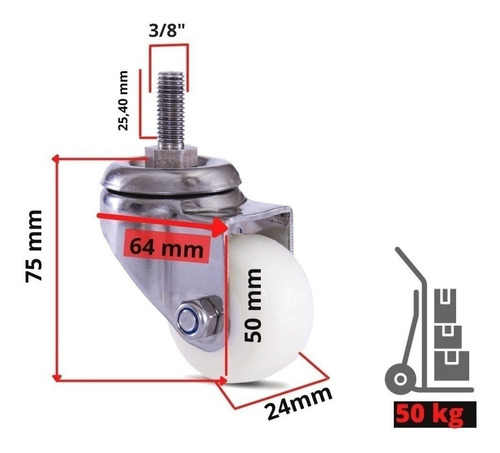 Imagem 2 de 5 de 4 Roda Aço Inox 50 Mm C/parafuso Rosca Sem Freio Roda Nylon