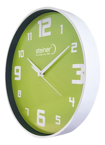 Reloj De Pared Steiner 30 Cm Bisel Blanco Silencioso Fondo Verde