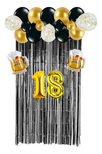 Combo Globos 18 Años Dorado Y Negro Decoración 