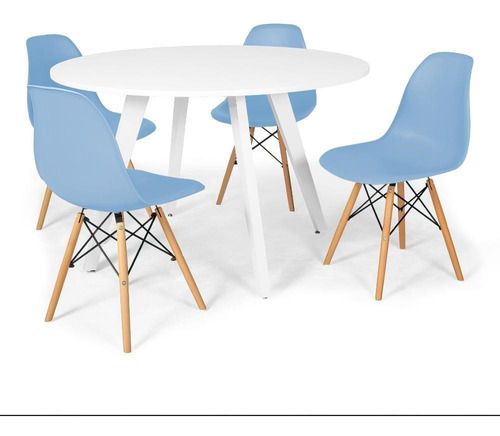 Mesa Jantar Redonda Amanda Branca 120cm + 4 Cadeiras Eiffel Cor Azul-claro