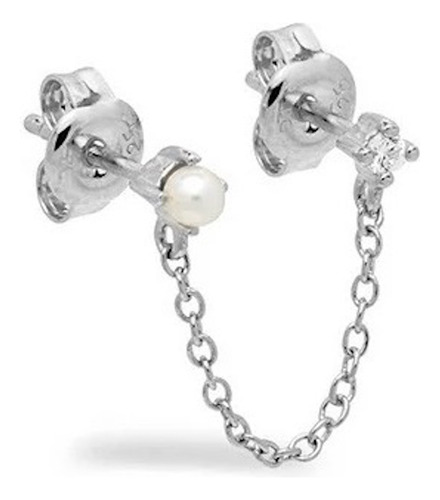 Arete De Plata 925 Perla Y Zirconia Cadena Unitalla Mujer
