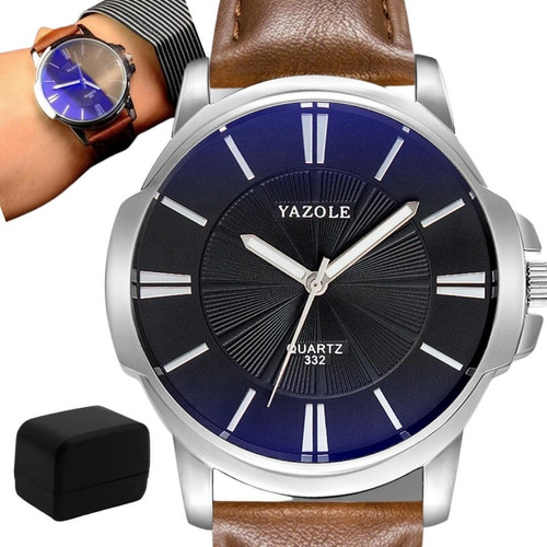 Relógio Masculino Marrom Fundo Azulado Yazole + Caixa