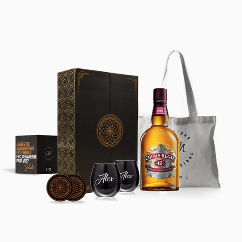 Whisky Chivas Regal 12 Años 750 Ml 2 Vasos Negros Grabados 