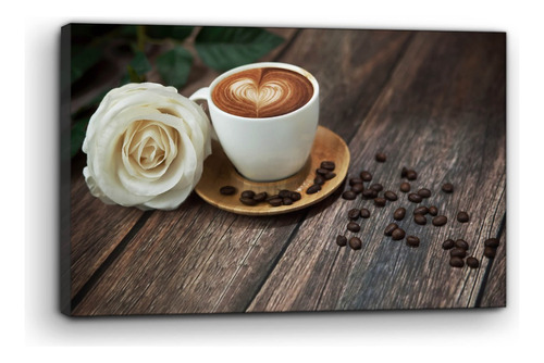 Cuadro Moderno Canvas Taza De Cafe Y Rosa 90x140cm