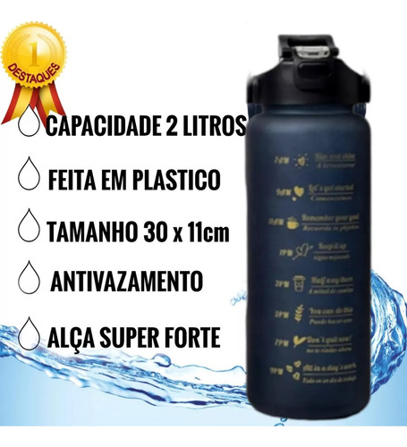Kit 3 Garrafa Motivacional Água  Adesivo Alça Preto 3d 1l 2l