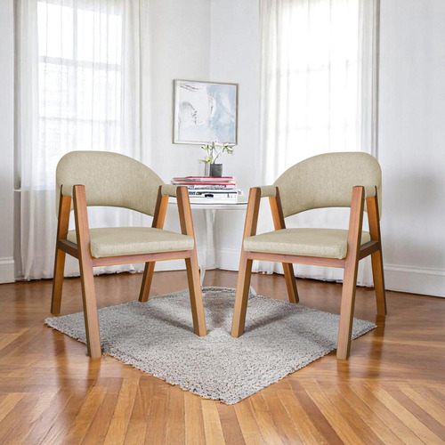 Cadeira Estofada Mesa Sala De Jantar Luxo Com Braço Cozinha Linho Bege