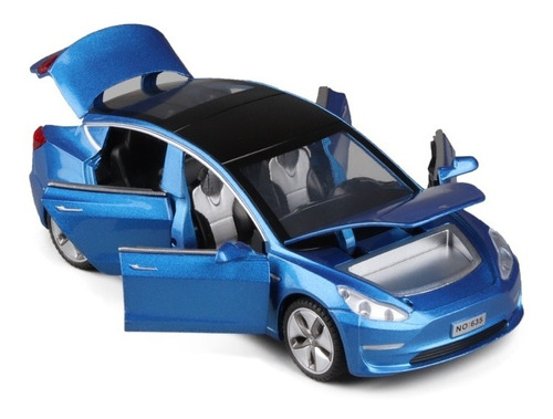 Coche Aleación 1/32 Tesla Modelo 3 Con Juguetes Sonido Y Luz Color Azul