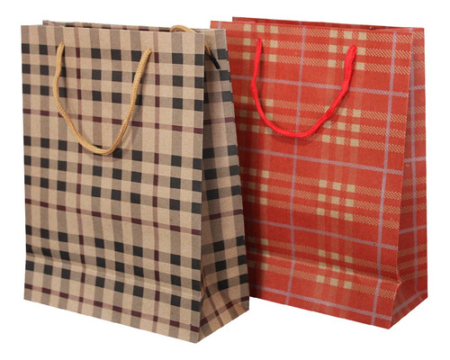 Imagem 3 de 3 de Sacolas Para Presentes Decoradas Kraft Xadrez Com 12