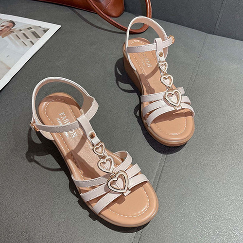 Sandalias Con Cuña Para Mujer, Decoración En Forma De Corazó