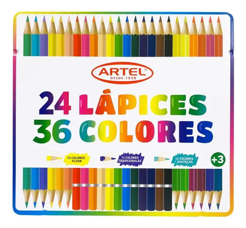 Estuche  Metalico 24 Lapices 36 Colores Mix Artel
