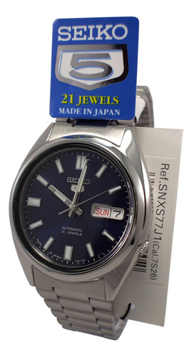 Reloj Pulsera Seiko 5 Con Correa De Acero Inoxidable Color Plateado - Fondo Azul