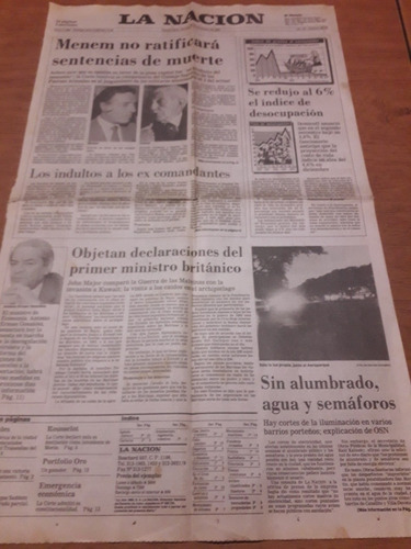 Tapa Diario La Nación 28 12 1990 Menem Indulto Pena Muerte 