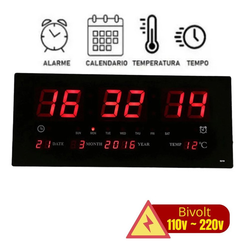 Relógio Grande De Parede Digital Com Alarme Data Temperatura