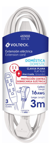 Extensión Doméstica Aterrizada 3m Clavija Plan Volteck 46988