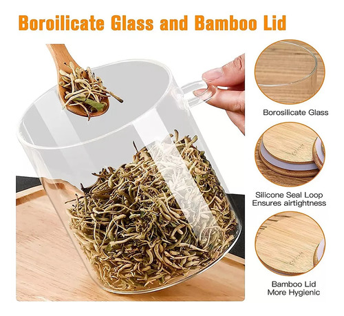 Juego De 4 Tarros De Cristal Con Tapas De Bambú Y Cuchara Pa