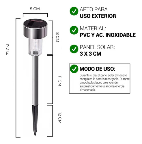 Estaca Solar Acero Inox Led Pack X 6 Exterior Jardin Blanco Cálido