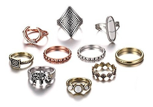 Set De 10 Anillos Bohemios Para Nudillos Diseño Retro