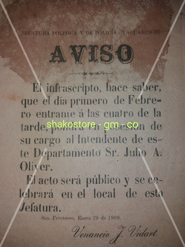 Documento 1909 Ciudad San Fructuoso Tacuarembo Julio Oliver 