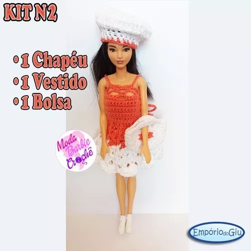 Roupa Barbie Moda Crochê Vestido + Chapéu + Bolsa [ Kit ]