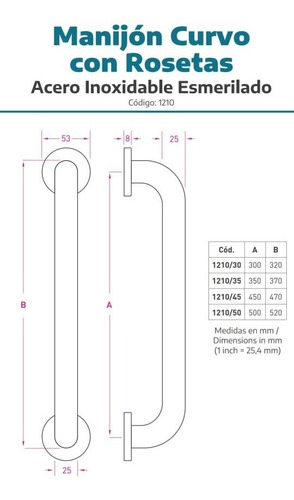 Manijon Barral Agarradera Baño Puerta 50cm Acero Inoxidable