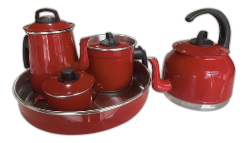 Conjunto Café Bule Chaleira Leiteira Acucareiro Forma Lindo Cor Vermelho Liso