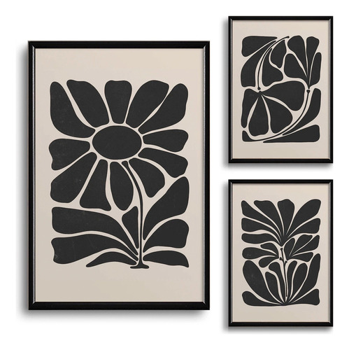 3 Cuadros Minimalista Flores Botánico Moderno Marcos Madera Color Minimalist Botanic Armazón Negro