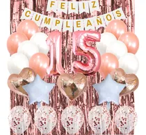 Comprar Combo Globos Kit Deco Fiesta Feliz Cumple 27 Artículos Gold Rose Y Blanco Deco Fiesta
