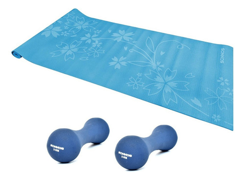 Kit Colchoneta Yoga Mat + 2 Mancuernas 2kg Recubierta Sonnos Color Azul y Celeste