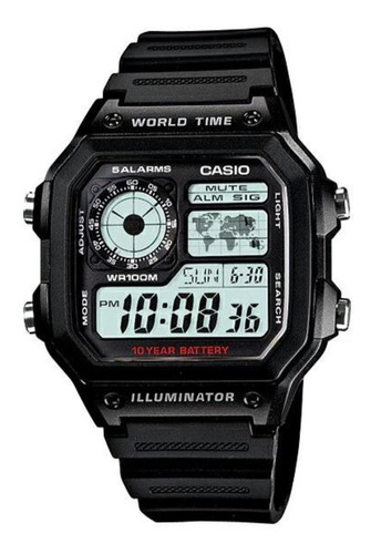 Reloj Casio Digital Ae1200 1a Correa Negra Wr100 Correa Negro Bisel Negro Fondo Negro