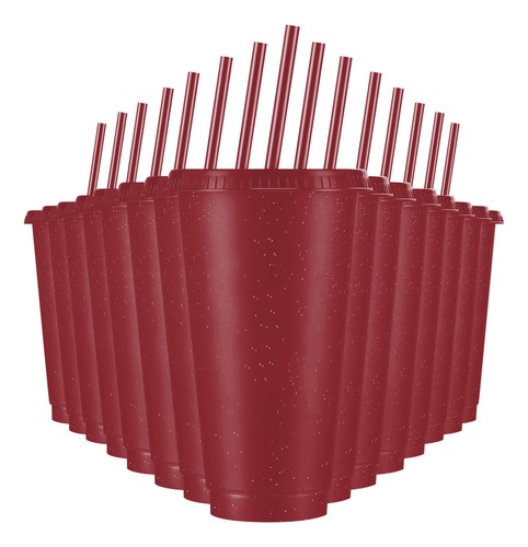 Vasos Reutilizables De 24 Oz Con Tapa Y Popote, 15 Piezas Color Rojo Vino